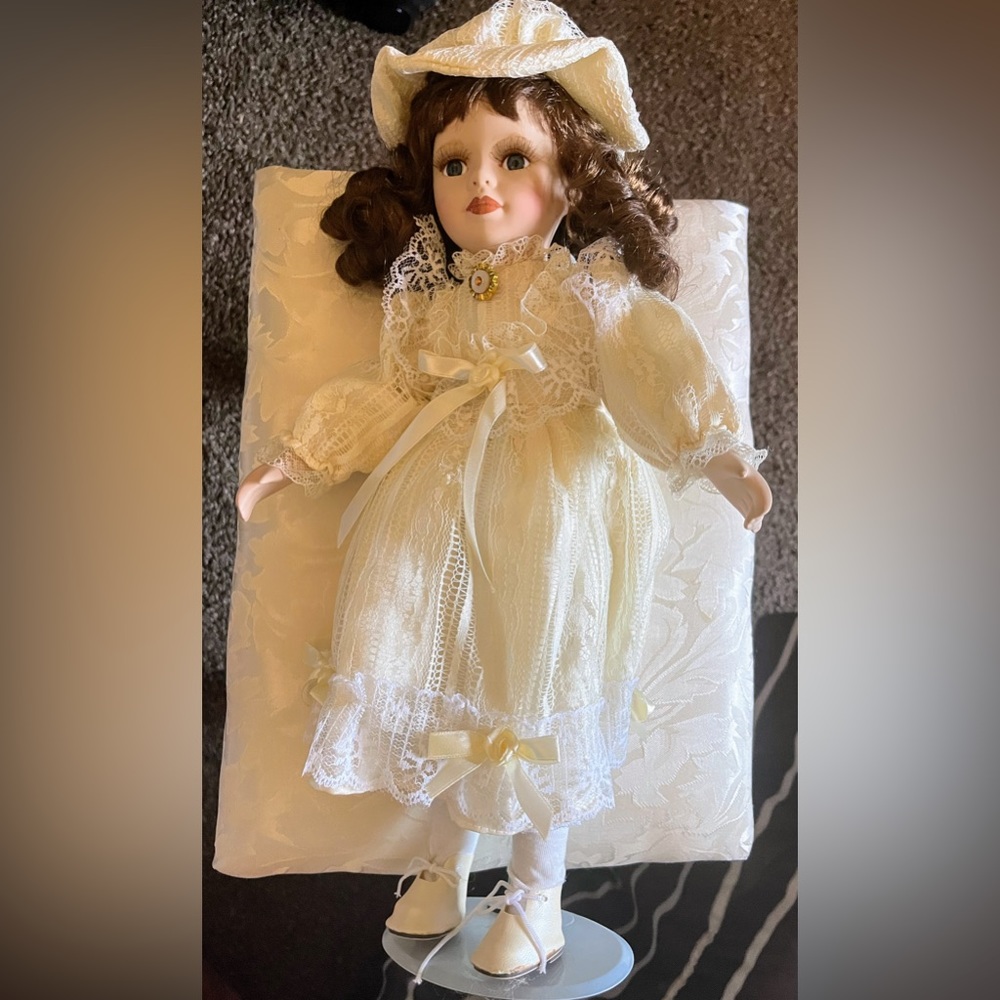 Porcelain Doll 16” tall with stand